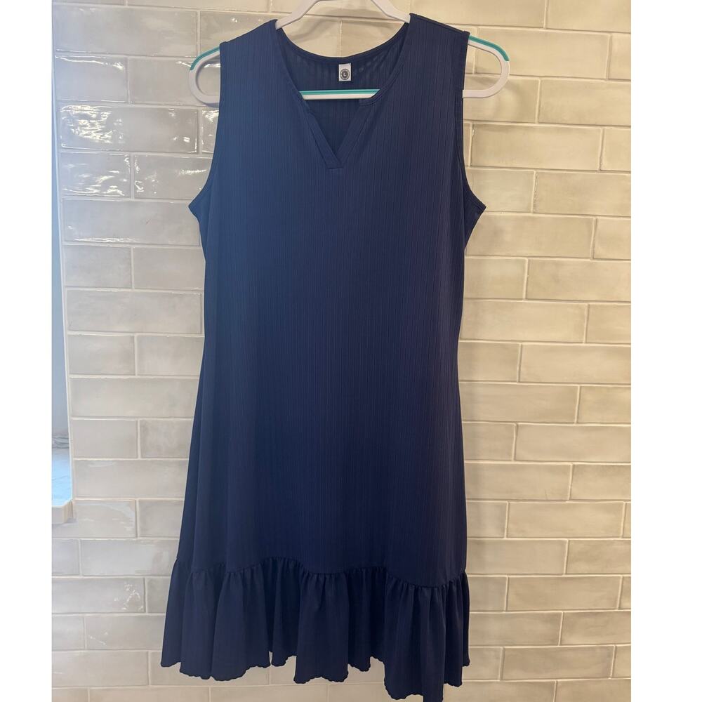 Navy Ribbed Sleeveless Ruffle Hem Dress 2XL Knee Length V Neck